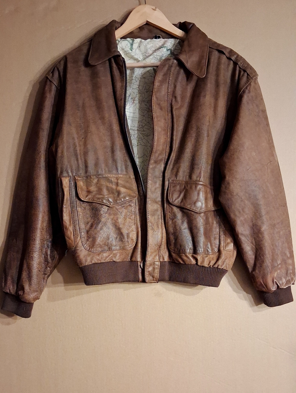 Military Pilot Style Brown Leather Bomber Jacket Distressed Look Made Korea GIII